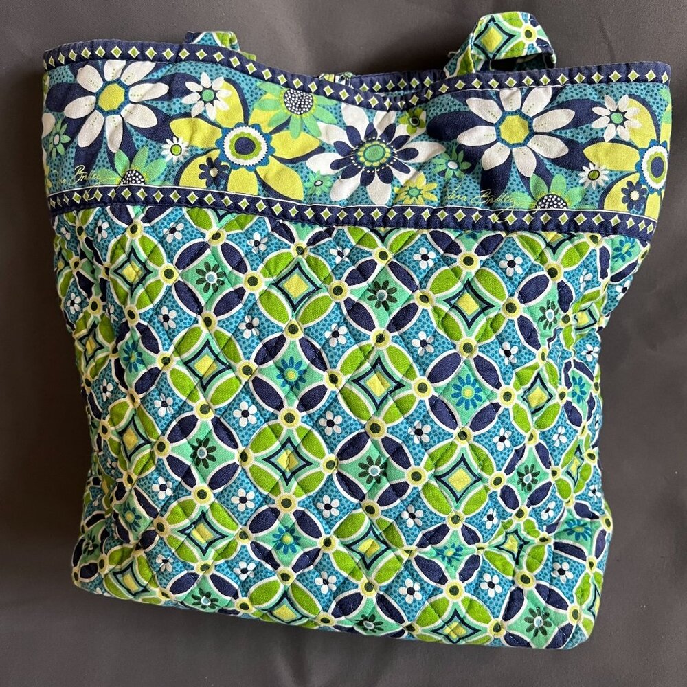 Vera Bradley Floral Quilted Tote Bag Blue/Green Geometric Daisy Pattern Cotton S - Picture 3 of 3